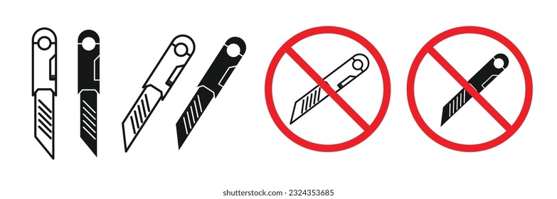 Cutter icon set in black filled and outlined style. And do not use cutter signs. Craft paper box cutter blade caution pictogram.