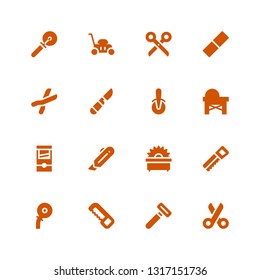 cutter icon set. Collection of 16 filled cutter icons included Scissors, Razor, Saw, Cutter, Guillotine, Pizza Scalpel, Cutters, Rubber, Lawn mower