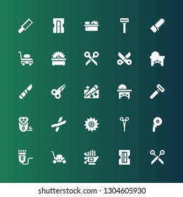 cutter icon set. Collection of 25 filled cutter icons included Scissors, Sharpener, Wired gloves, Lawn mower, Electric shaver, Cutter, Saw, Cutters, Razor, Scalpel, Mechanical saw