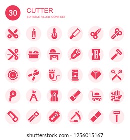 cutter icon set. Collection of 30 filled cutter icons included Scissors, Cutter, Pizza cutter, Saw, Razor, Sharpener, Pruning shears, Electric shaver, Guillotine, Sharpen, Mechanical saw