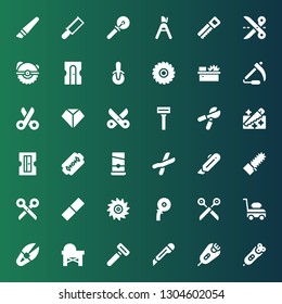 cutter icon set. Collection of 36 filled cutter icons included Electric razor, Razor, Cutter, Saw, Scissor, Lawn mower, Scissors, Rubber, Mechanical saw, Cutters, Guillotine, Sharpener