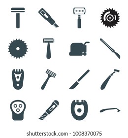 Cutter icons. set of 16 editable filled cutter icons such as razor, electric razor, lawn mower, blade saw, scalpel