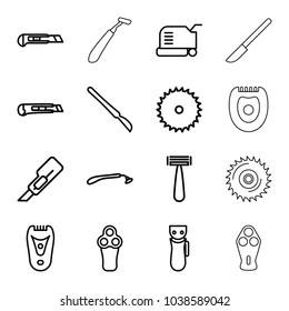 Cutter icons. set of 16 editable outline cutter icons such as razor, electric razor, lawn mower, blade saw, cutter