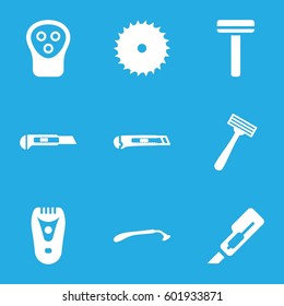 cutter icons set. Set of 9 cutter filled icons such as razor, electric razor, blade saw