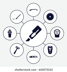 Cutter icons set. set of 9 cutter filled icons such as electric razor, razor, blade saw, cutter
