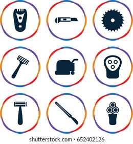 Cutter icons set. set of 9 cutter filled icons such as razor, electric razor, lawn mower, blade saw, cutter
