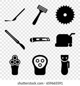Cutter icons set. set of 9 cutter filled icons such as electric razor, razor, lawn mower, blade saw, scalpel