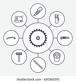 Cutter icons set. set of 9 cutter outline icons such as electric razor, razor, lawn mower, blade saw, cutter