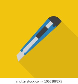 cutter knife icon in flat style with long shadow, isolated vector illustration on yellow transparent background