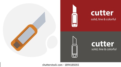 Cutter knife isolated tool flat icon with Cutter solid, line icons