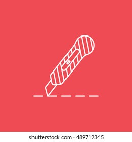 Cutter Knife Line Icon On Red Background