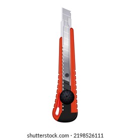 Cutter cuchillo hoja metálica con mango de plástico rojo herramienta de papel doméstico ilustración vectorial realista. Aparatos de afilado para naves de mano Afilador de arma de peligro brillante para cartón de papel aislado