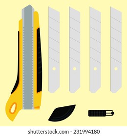 Cutter knife (office paper knife) in details. Flat style design.