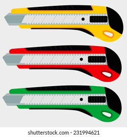 Cutter knife (office paper knife) set in three colors. Flat style design.