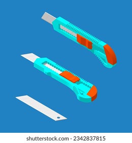 Cutter knife set with replacement blade. 3D isometric illustration. Office, home, school, and industrial utensil. 