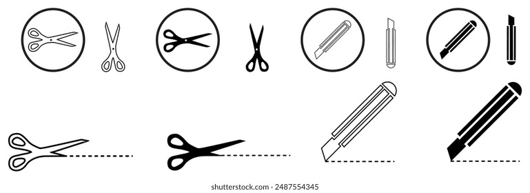 Cuchillo de corte, juego de iconos de cuchillos de papelería, en diseño de estilo de contorno de moda, ilustración gráfica de Vector, icono de cortador para diseño de Sitio web
