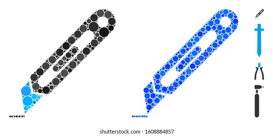 Cutter mosaic of small circles in various sizes and color hues, based on cutter icon. Vector small circles are composed into blue mosaic. Dotted cutter icon in usual and blue versions.