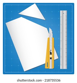 Cutter, ruller, and paper on cutting mat, Vector stationery object set.