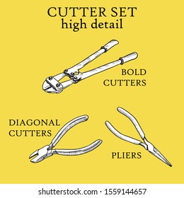 Cutter Set. Bold Cutters, Diagonal Cutters and Pliers. High Detail Construction Concept, Sketch and Vintage style. - Vector