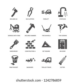 Cutter, Trolley Truck, Inclined Ax, Paint Bucket, Big Door, Set Square, Forklift icon 16 set EPS 10 vector format. Icons optimized for both large and small resolutions.