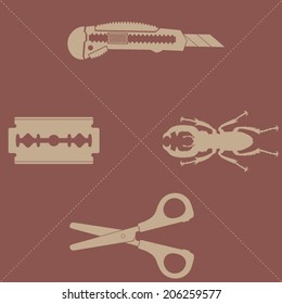 cutters silhouette set with cut lines, hand drawn, vector illustration