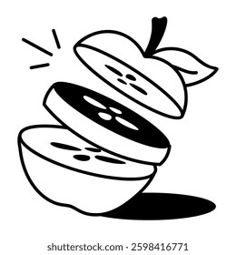 Cutting apple slices icon in hand drawn style 
