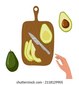 Cortando el aguacate. Frutos de aguacate en la tabla de cortar. Proceso de cocina. fruta entera y cortada en rodajas. Mano humana. Cuchillo de cocina. Plantilla ecológica de alimentos tropicales orgánicos para menú, clase de cocina, sitio web de frutas