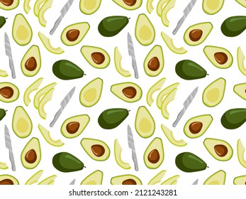 Cortando el aguacate. Patrón sin fisuras de fruto de aguacate. fruta entera y cortada en rodajas. Cuchillo de cocina. Comida tropical ecológica plantilla repetida para la clase de cocina, papel pintado, envoltura, textil, embalaje.