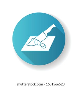 Cutting blue flat design long shadow glyph icon. Meal preparation, culinary technique. Food cooking, dinner making. Knife slicing ingredient on wooden board silhouette RGB color illustration