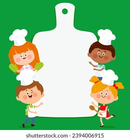 Cutting board background with diverse group of children chefs. Children cooks with cooking hats and chopping board banner. Vector illustration