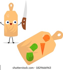 cutting board cartoon character holding a sharp knife next to pieces of vegetables lie objects on white background concept of cooking and eating