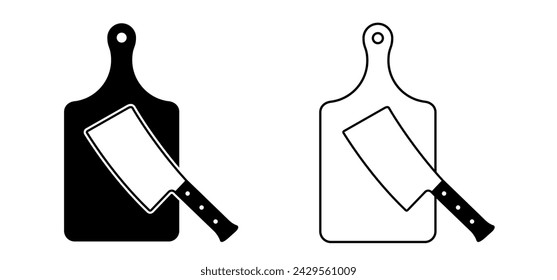 Cutting board or chopping board. kitchen tools. cooking cutting boards logo or icon. Cute chop board pictogram. For preparing food. Butcher knife or cleaver slashing through thick pieces of meat.