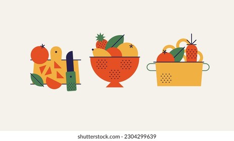 Cutting board with colander and pan with vegetables. Abstract cooking icons. Vector illustration