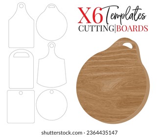 Cutting board die cut template, vector. Wooden Cutting board mock up isolated on white background, vector illustration. Cutting boards design set.