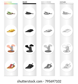 Cutting board for eating, cucumber and cheese, grating carrots on a grater, slicing meat with a knife. Cooking food set collection icons in cartoon black monochrome outline style vector symbol stock
