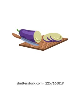 Cutting board with eggplant and knife vector illustration. Products and ingredients, cut vegetables for preparing healthy meal on white background. Food, nutrition, kitchen utensils concept