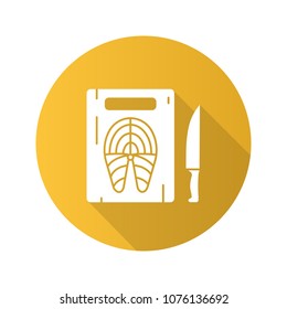Cutting board with fish and knife flat design long shadow glyph icon. Vector silhouette illustration