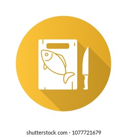 Cutting board with fish and knife flat design long shadow glyph icon. Vector silhouette illustration