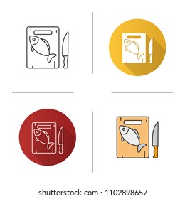 Cutting board with fish and knife icon. Flat design, linear and color styles. Isolated vector illustrations
