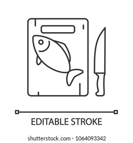 Cutting board with fish and knife linear icon. Thin line illustration. Contour symbol. Vector isolated outline drawing. Editable stroke