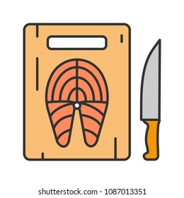 Cutting board with fish steak and knife color icon. Isolated vector illustration