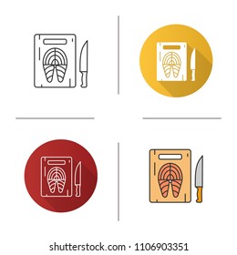 Cutting board with fish steak and knife icon. Flat design, linear and color styles. Isolated vector illustrations