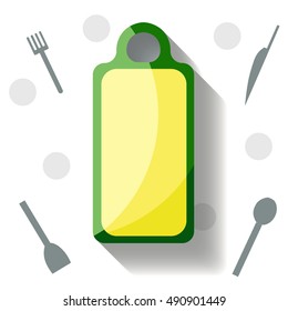 Cutting board with fork, knife, spoon and spatula on background
