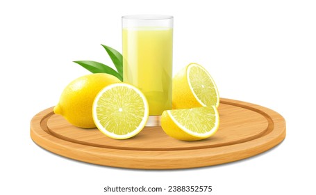 Cutting board with fresh juicy cut lemon with a glass of lemonade, isolated on white background. Citrus fruits on a round wooden cutting board. Realistic 3d vector illustration