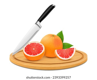 Cutting board with fresh juicy cut grapefruit, isolated on white background. Whole and sliced tasty citrus fruits on a round wooden cutting board with kitchen knife. Realistic 3d vector illustration