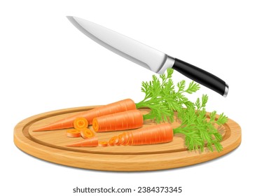 Tablero con zanahorias recién cortadas, aisladas en fondo blanco. Corta zanahoria sabrosa en un tablero redondo de madera con cuchillo de verdura de cocina. Ilustración vectorial 3d realista