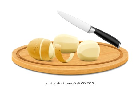 Cutting board with fresh raw cut peeled potatoes, isolated on white background. Sliced tasty potato on a round wooden cutting board with kitchen vegetable knife. Realistic 3d vector illustration