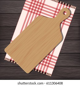 Cutting board with gingham cloth on wooden background. Vector color illustration clipart svg