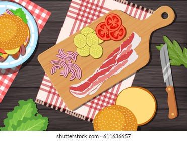 Cutting board with gingham cloth on wooden background with sandwich ingredients. Hamburger buns, sandwich on plate, tomatoes, onions, pickles and sliced bacon. Vector color illustration clipart