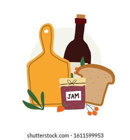 Cutting board and groceries: vine bottle, bread, jam, berries. Hand drawn kitchen print. Vector illustration 